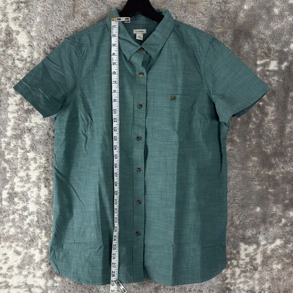 LL Bean Womens Size L Cotton Button Shirt Green Short Sleeve Casual Collared - Picture 2 of 10